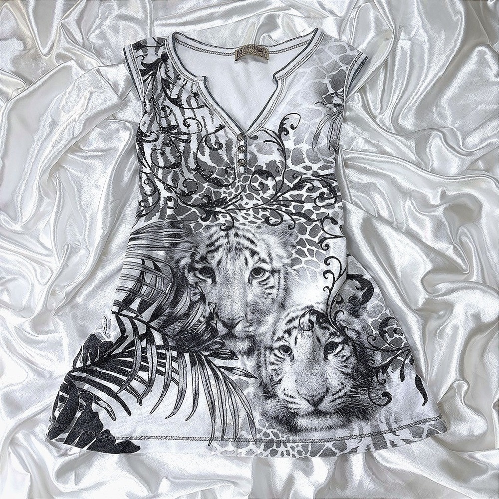 y2k Blue Canyon Tiger Tank Top White Rhinestone Henley Animal Print